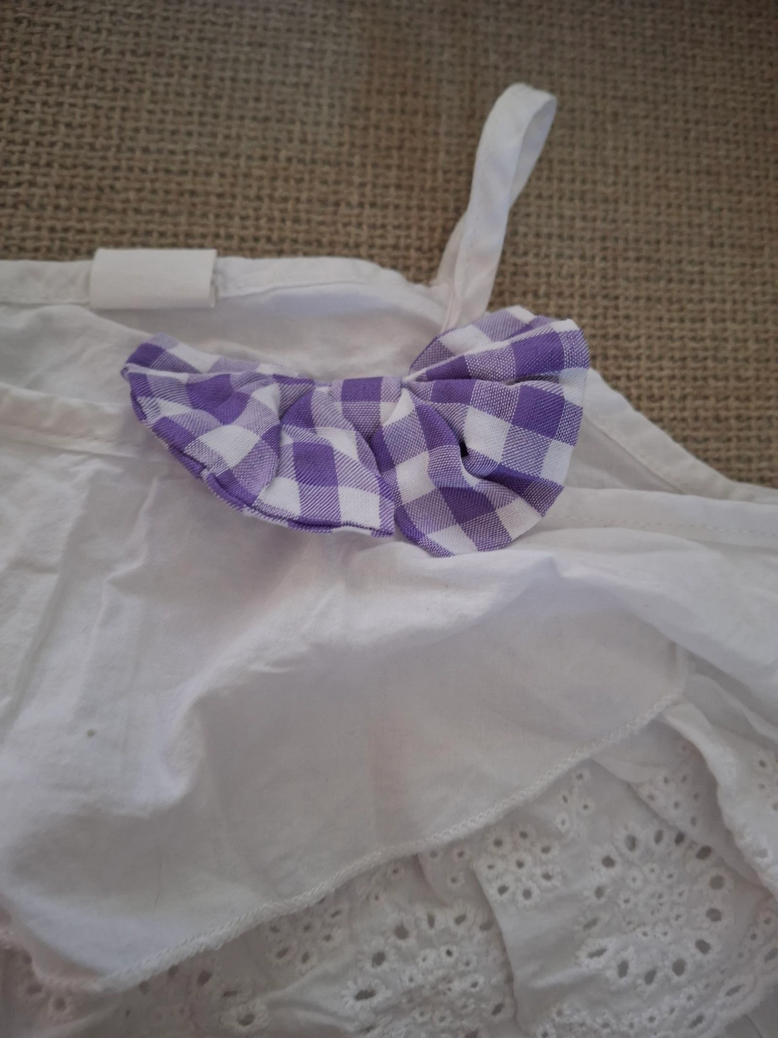 Summer girl set White ruffled top with English embroidery and purple gingham plaid shorts size 4 years – photo 4